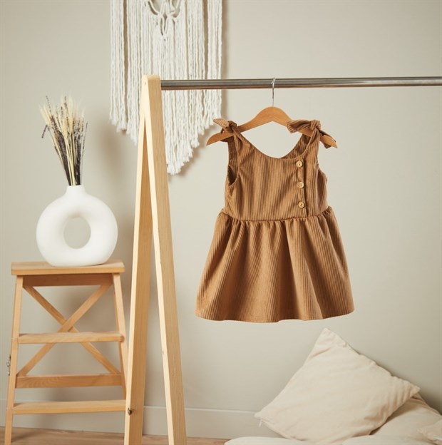 Baby Joko - Kız Çocuk Bej Renk Yumuşak Fitilli Kadife Elbise