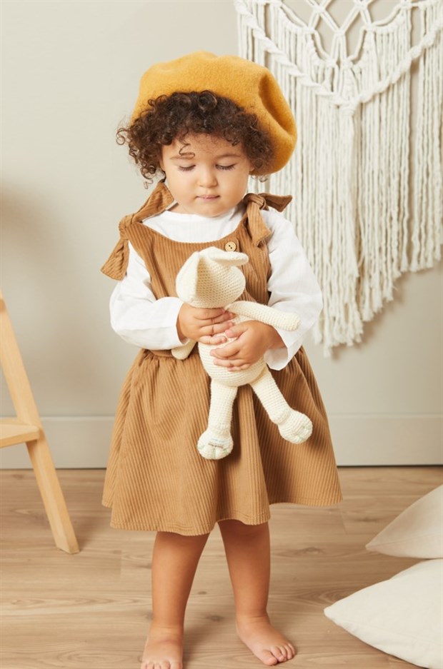 Baby Joko - Kız Çocuk Bej Renk Yumuşak Fitilli Kadife Elbise