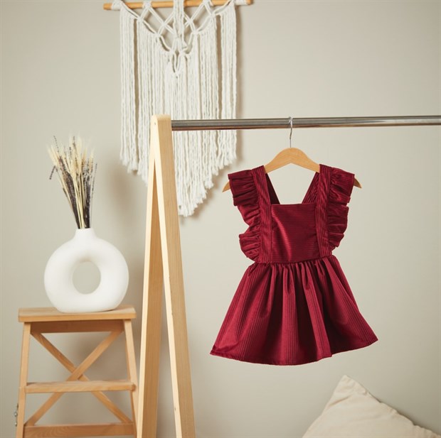 Baby Joko - Kız Çocuk Kolları Fırfırlı Kiremit Rengi Beli Lastikli Berry Elbise