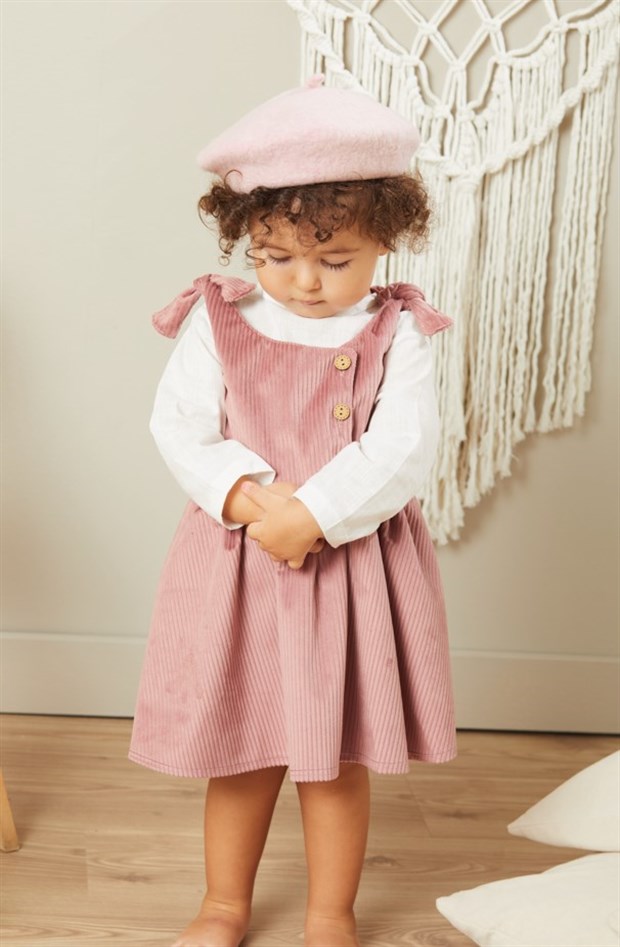 Baby Joko - Kız Çocuk Pembe Yumuşak Fitilli Kadife Elbise