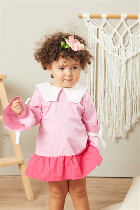Baby Joko - Kız Çocuk Pembe Yelpaze Kol Bağcıklı Elbise