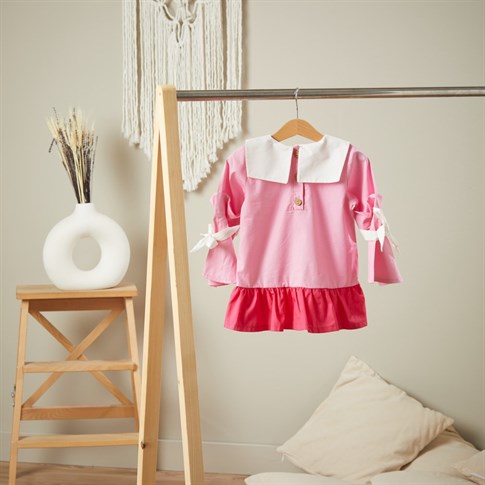 Baby Joko - Kız Çocuk Pembe Yelpaze Kol Bağcıklı Elbise