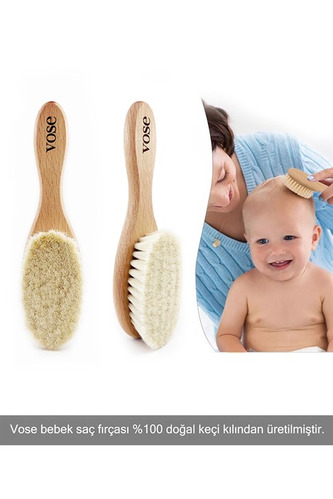 Vose 2′li Set Ahşap Yumuşak Bebek Saç Fırçası & Amigurumi Çıngıraklı Diş Kaşıyıcı Brown