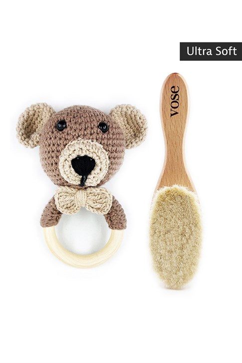 Vose 2′li Set Ahşap Yumuşak Bebek Saç Fırçası & Amigurumi Çıngıraklı Diş Kaşıyıcı Brown